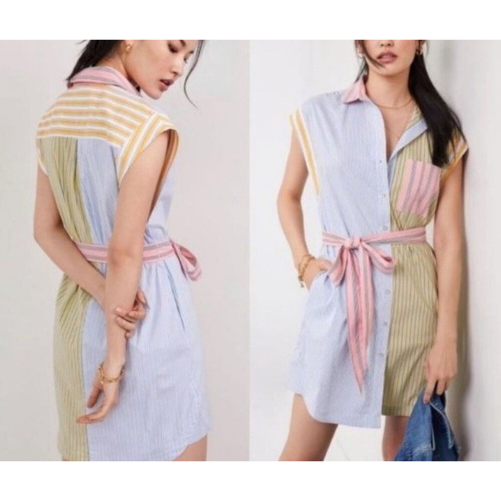 Women's Maeve by Anthropologie Striped Shirt Dress L Blue Yellow